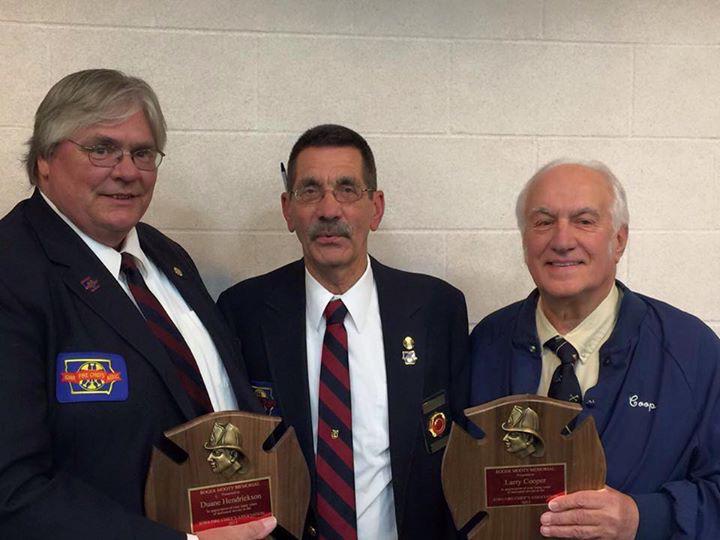 Roger Mooty Award recipients: Chief Duane Hendrickson, Jewell and Chief Larry Cooper (Ret.) Kanawha. Center, Chief Wayne Schipper (Ret.) Le Mars Mooty Chair.